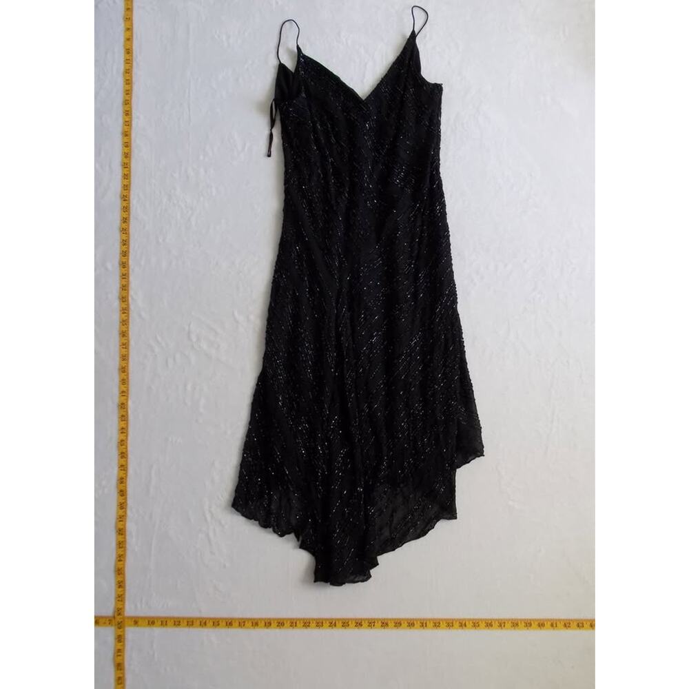Ann Taylor Black Beaded‎ Handkerchief Hem Cocktail Dress Womens 16 V-Neck